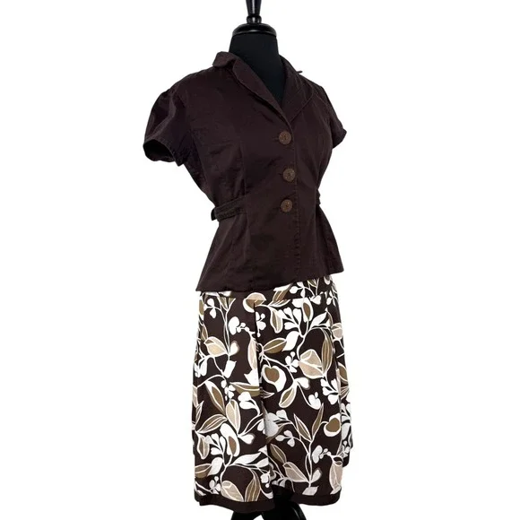 Vintage 2000s Brown Floral A-Line Top Skirt Set Retro Office Cottagecore 12P - Picture 5 of 16